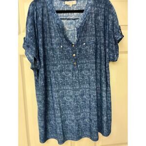 My Style Womens 3X Heathered Blue Tunic Top Roll Tab Short Sleeve Silver Butto‎